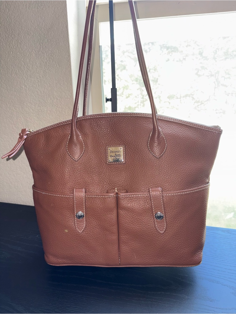 Dooney & Bourke Brown Pebbled Leather Tote with Front Pockets